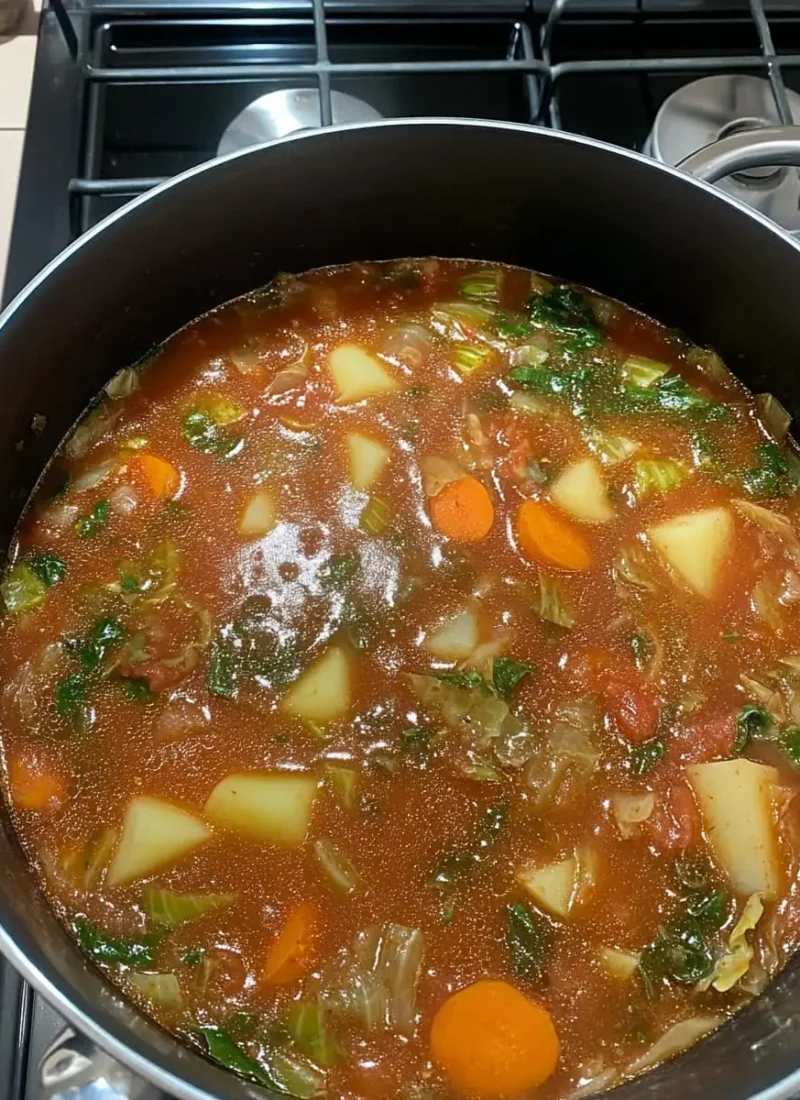 Simmering pot of hearty vegetable stew with potatoes, carrots, celery, cabbage, and leafy greens in a rich tomato broth.