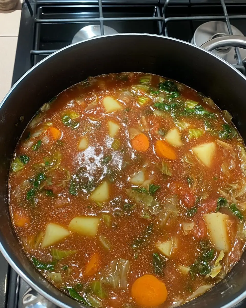 Simmering pot of hearty vegetable stew with potatoes, carrots, celery, cabbage, and leafy greens in a rich tomato broth.