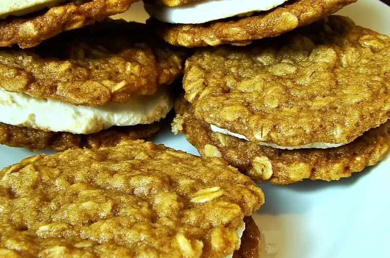 Stack of homemade oatmeal cream pies with fluffy vanilla filling between soft cinnamon oatmeal cookies on a white plate