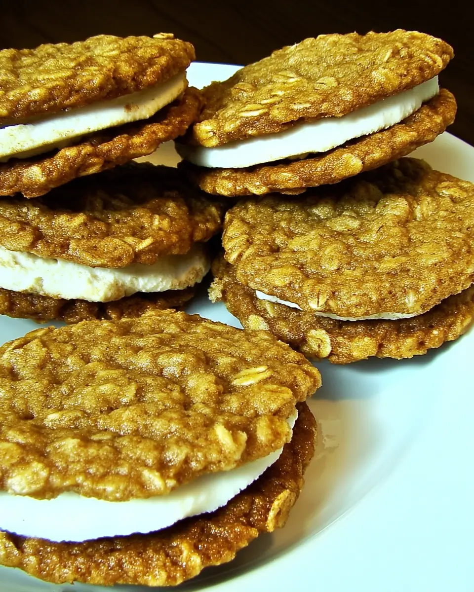 Stack of homemade oatmeal cream pies with fluffy vanilla filling between soft cinnamon oatmeal cookies on a white plate