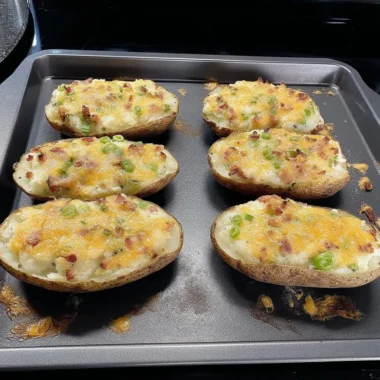 Six twice-baked russet potato halves loaded with creamy mash, crispy bacon, melted cheddar, and green onions on a baking sheet.