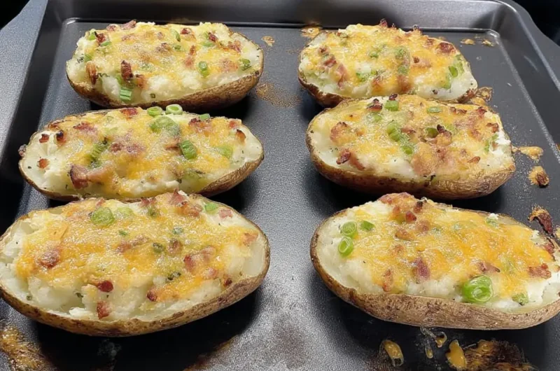 Six twice-baked russet potato halves loaded with creamy mash, crispy bacon, melted cheddar, and green onions on a baking sheet.