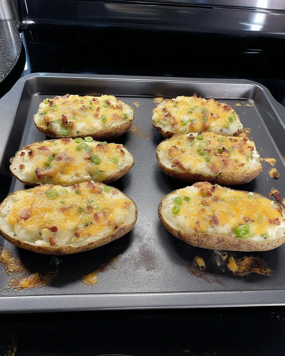Six twice-baked russet potato halves loaded with creamy mash, crispy bacon, melted cheddar, and green onions on a baking sheet.
