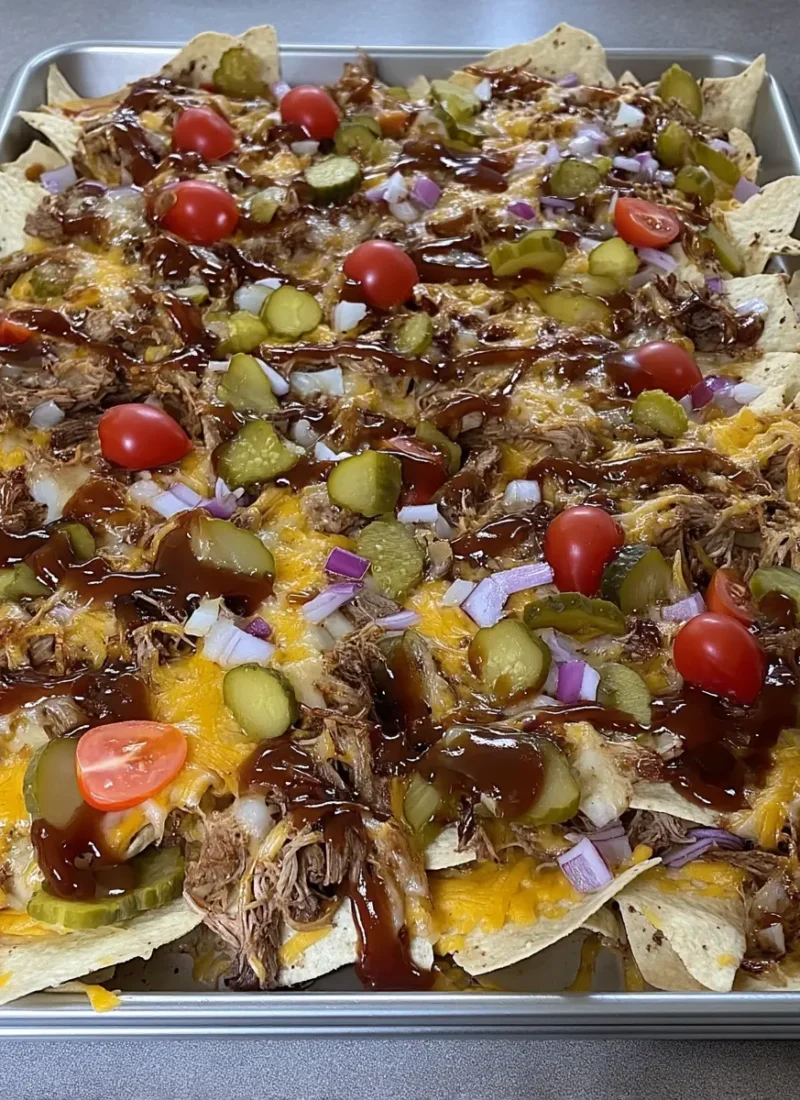 Sheet pan of crispy tortilla chips piled with smoky shredded pork, melted cheddar-jack cheese, dill pickle slices, halved cherry tomatoes, diced red onion, and a drizzle of thick barbecue sauce.