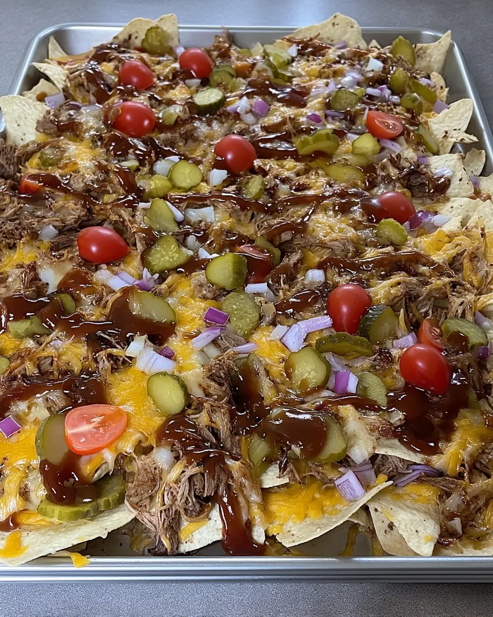 Sheet pan of crispy tortilla chips piled with smoky shredded pork, melted cheddar-jack cheese, dill pickle slices, halved cherry tomatoes, diced red onion, and a drizzle of thick barbecue sauce.