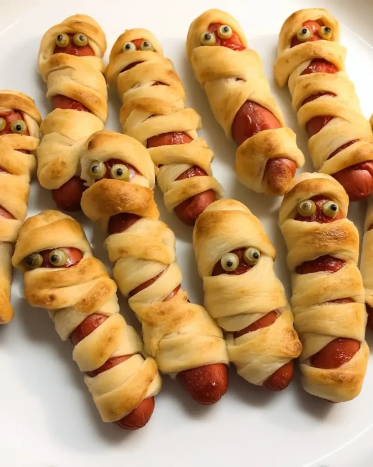 Golden brown mummy hot dogs wrapped in crescent roll strips with candy eyes on white baking sheet