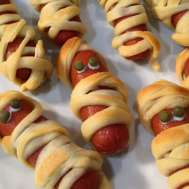 Finished mummy hot dogs with olive eyes wrapped in golden crescent roll strips on white parchment paper