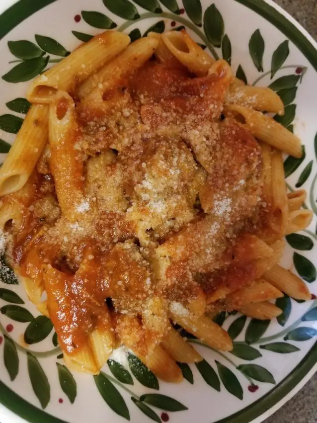 Penne pasta topped with Old Style Italian Gravy and grated parmesan cheese, served in a traditional Italian ceramic bowl.