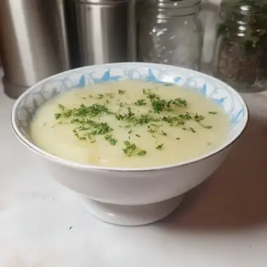 Creamy potato leek soup in white ceramic bowl garnished with fresh green herbs on marble kitchen counter