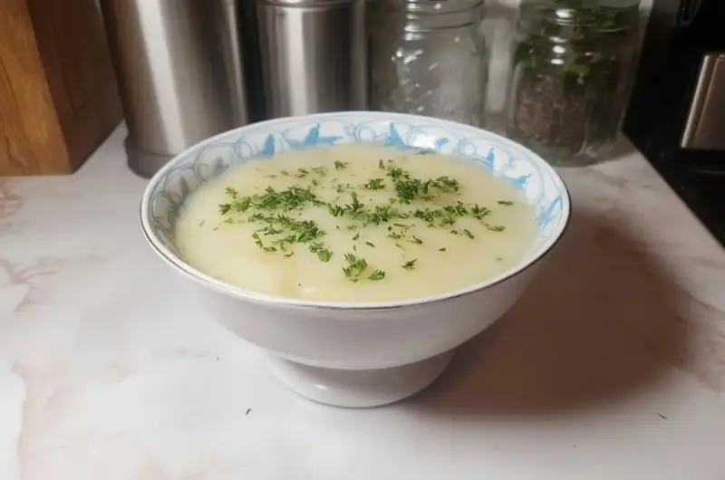 Creamy potato leek soup in white ceramic bowl garnished with fresh green herbs on marble kitchen counter