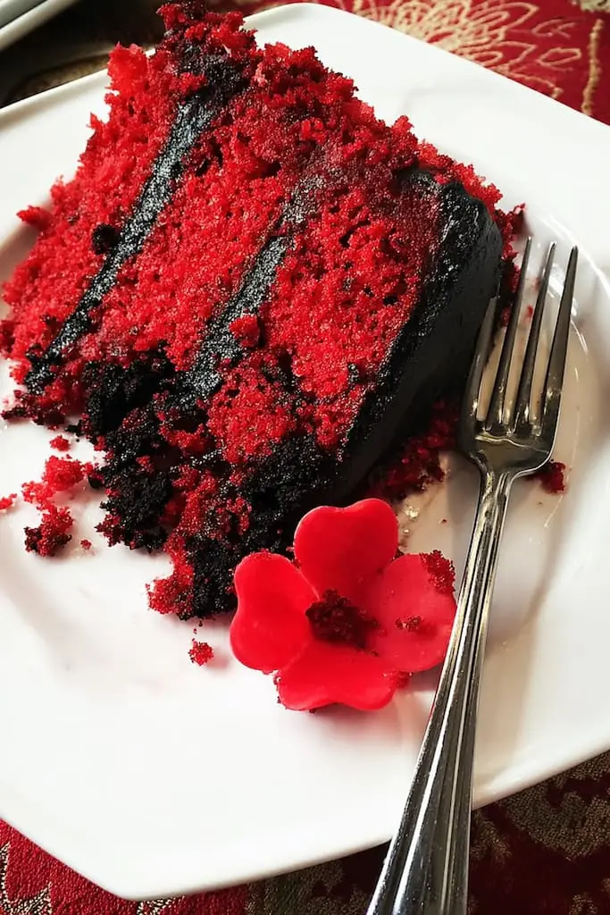 Close-up of gothic cake slice showing vibrant red velvet crumb with black buttercream layers and red flower garnish on white plate