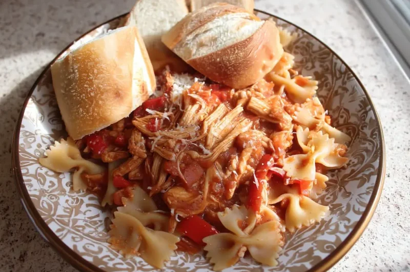 Plated slow cooker chicken cacciatore with shredded chicken, bell peppers, and onions over bow tie pasta, topped with Parmesan cheese and served with crusty Italian bread rolls