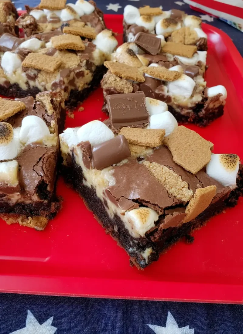 Gooey s'mores brownies topped with toasted mini marshmallows, melty milk-chocolate squares, and crunchy graham-cracker pieces on a red tray.