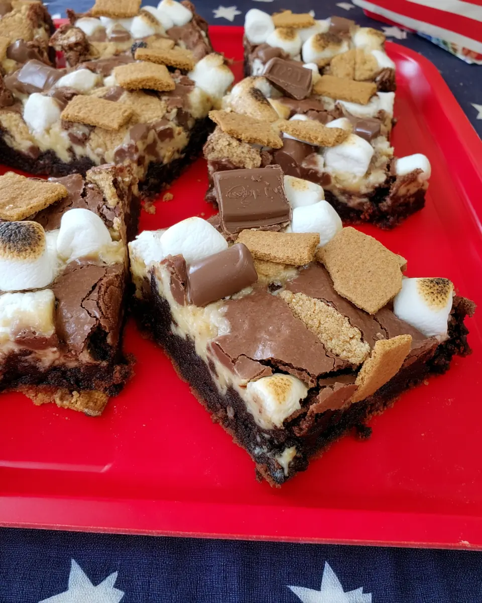 Gooey s'mores brownies topped with toasted mini marshmallows, melty milk-chocolate squares, and crunchy graham-cracker pieces on a red tray.