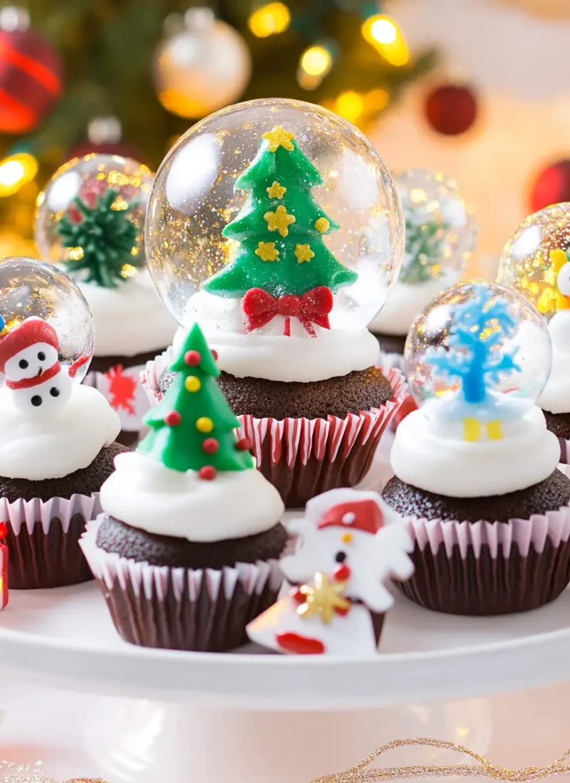 Chocolate cupcakes topped with snowy buttercream and clear gelatin globes that hold tiny fondant Christmas trees and snowmen, set against glowing holiday lights.
