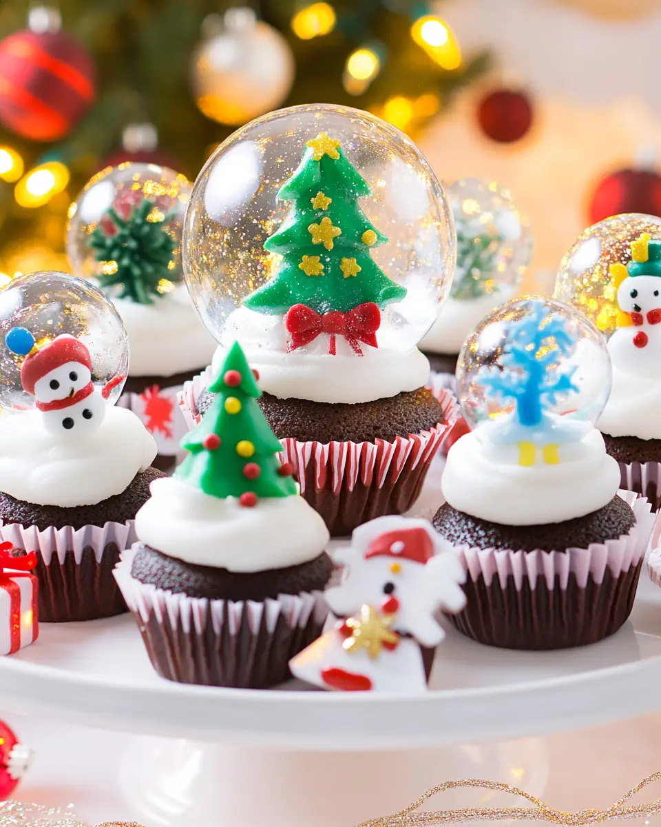 Chocolate cupcakes topped with snowy buttercream and clear gelatin globes that hold tiny fondant Christmas trees and snowmen, set against glowing holiday lights.