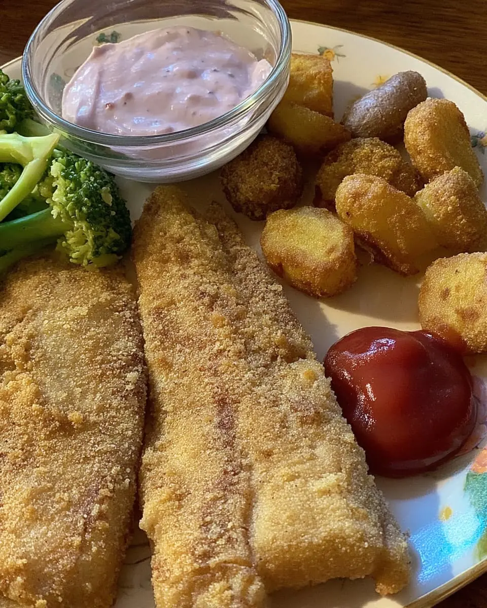 Plate featuring a fried catfish recipe: two cornmeal-crusted catfish fillets served with crispy potato bites, steamed broccoli, ketchup, and a small bowl of creamy pink remoulade.