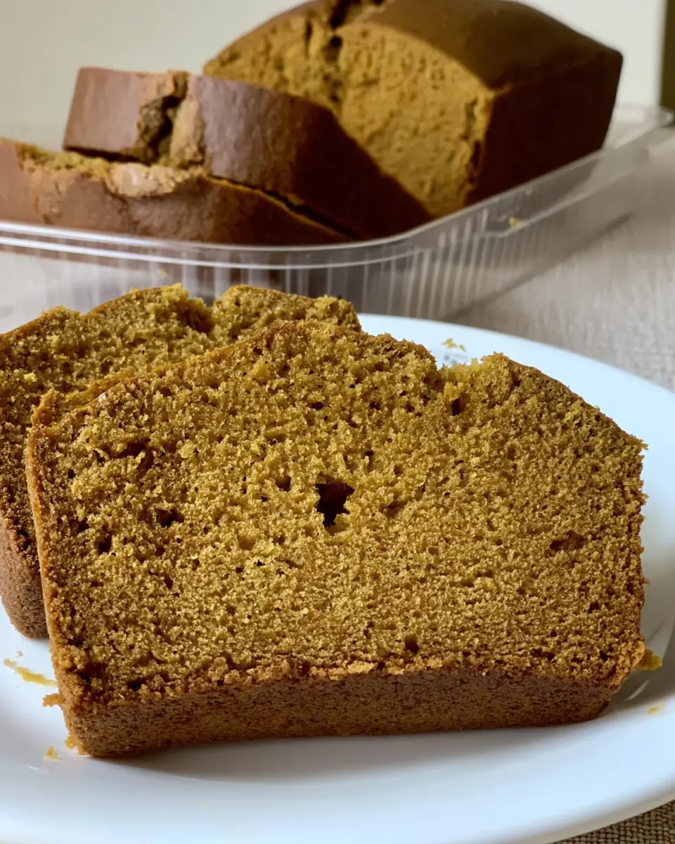 Sliced, moist pumpkin bread loaf inspired by the Starbucks pumpkin bread recipe sitting on a white plate, with the remaining loaf in a clear container behind it.