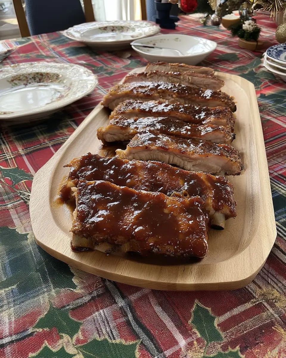 Sliced baby back ribs coated in glossy BBQ sauce on a wooden serving platter.