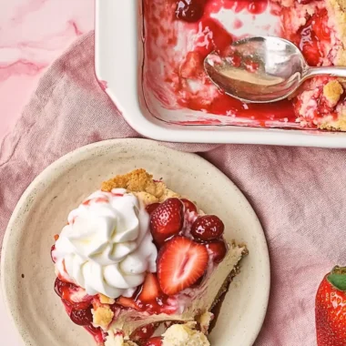 A slice of strawberry cheesecake dump cake topped with whipped cream on a plate, next to a baking dish filled with the same dessert and a serving spoon.