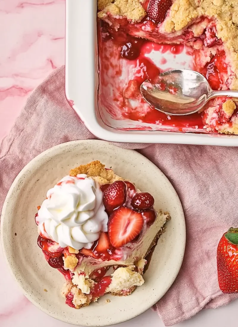 A slice of strawberry cheesecake dump cake topped with whipped cream on a plate, next to a baking dish filled with the same dessert and a serving spoon.