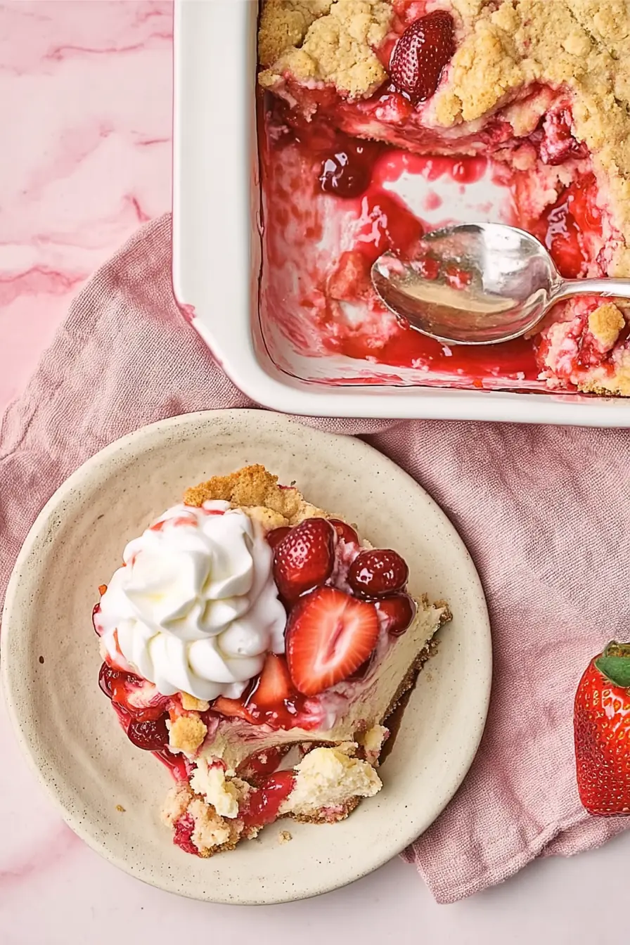 A slice of strawberry cheesecake dump cake topped with whipped cream on a plate, next to a baking dish filled with the same dessert and a serving spoon.