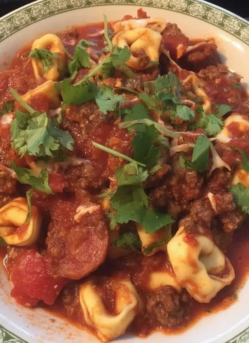 Bowl of stuffed tortellini in a chunky tomato-meat sauce with sausage slices and fresh herb garnish.