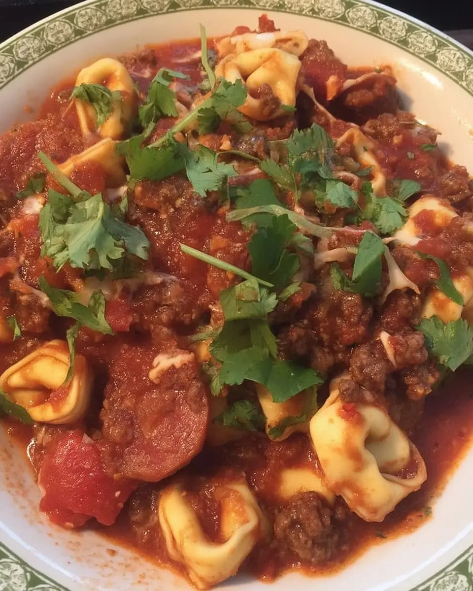 Bowl of stuffed tortellini in a chunky tomato-meat sauce with sausage slices and fresh herb garnish.