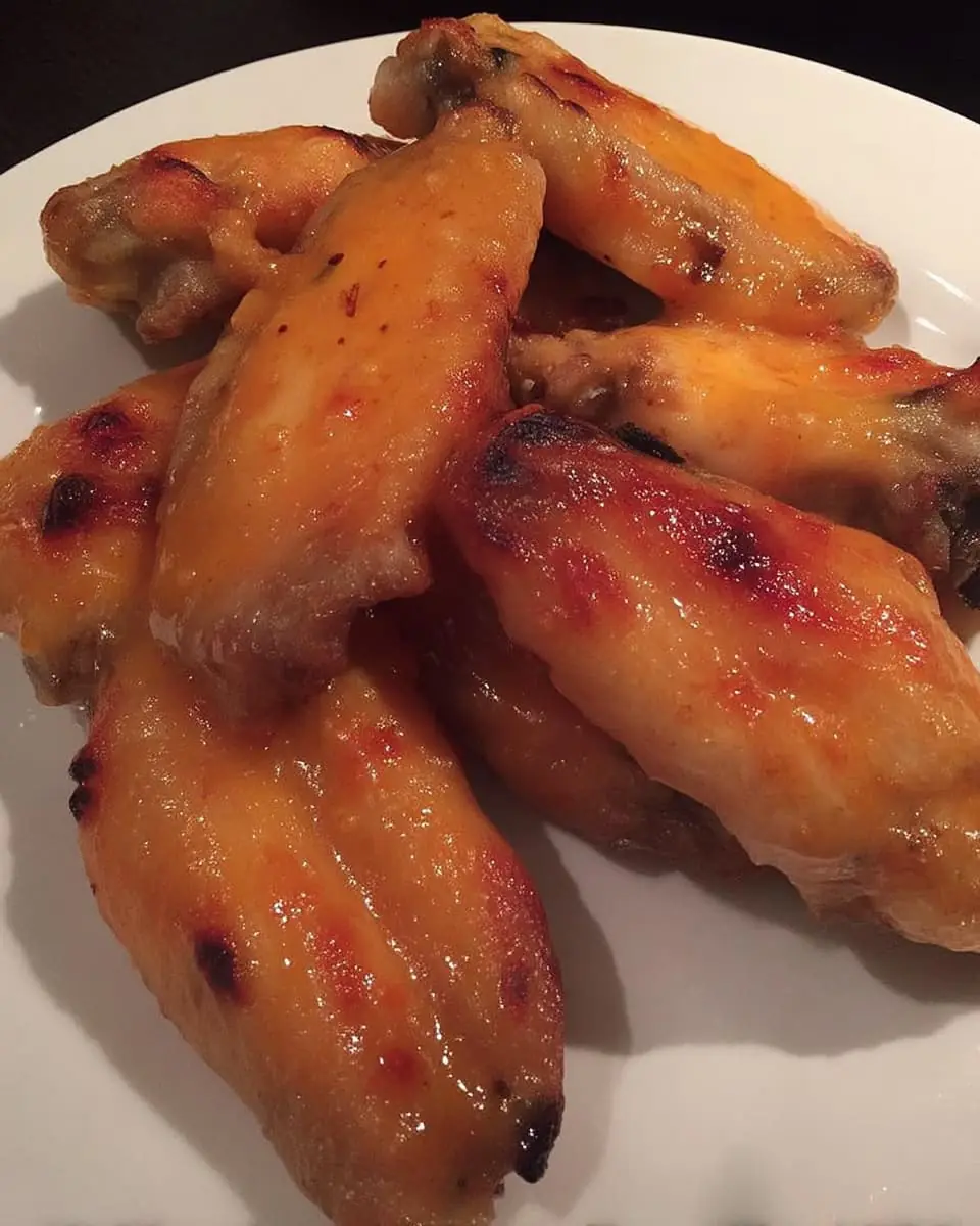 rispy sweet-and-spicy chicken wings glazed with Thai sweet-chili sauce, stacked on a white plate.
